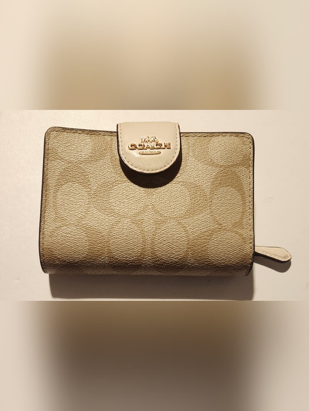 Coach Beige Signature Bifold Wallet with Gold Logo